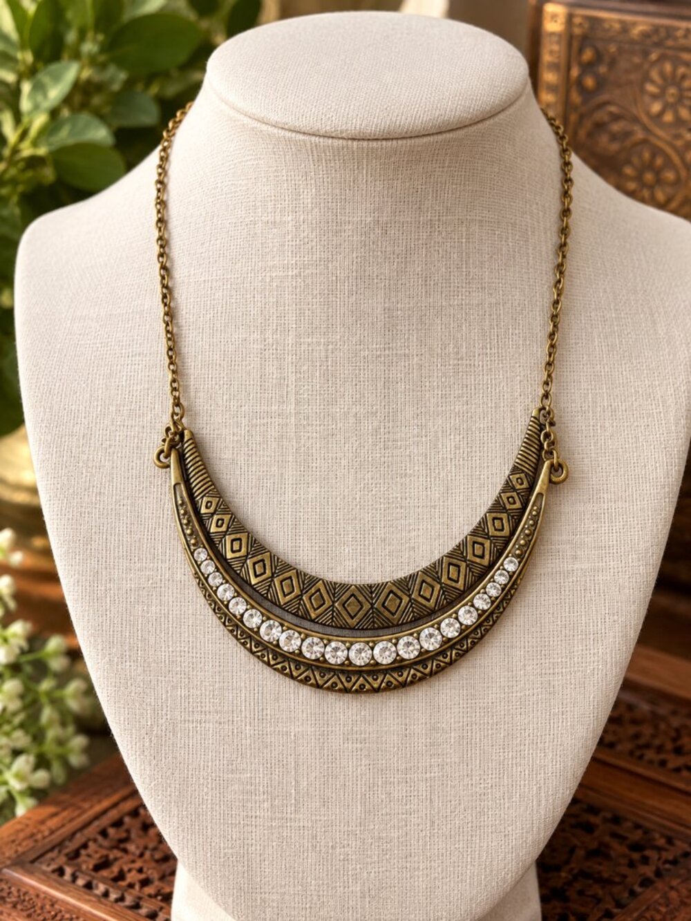 Boho Vintage-Inspired Gold Tone Rhinestone Crescent Bib Necklace